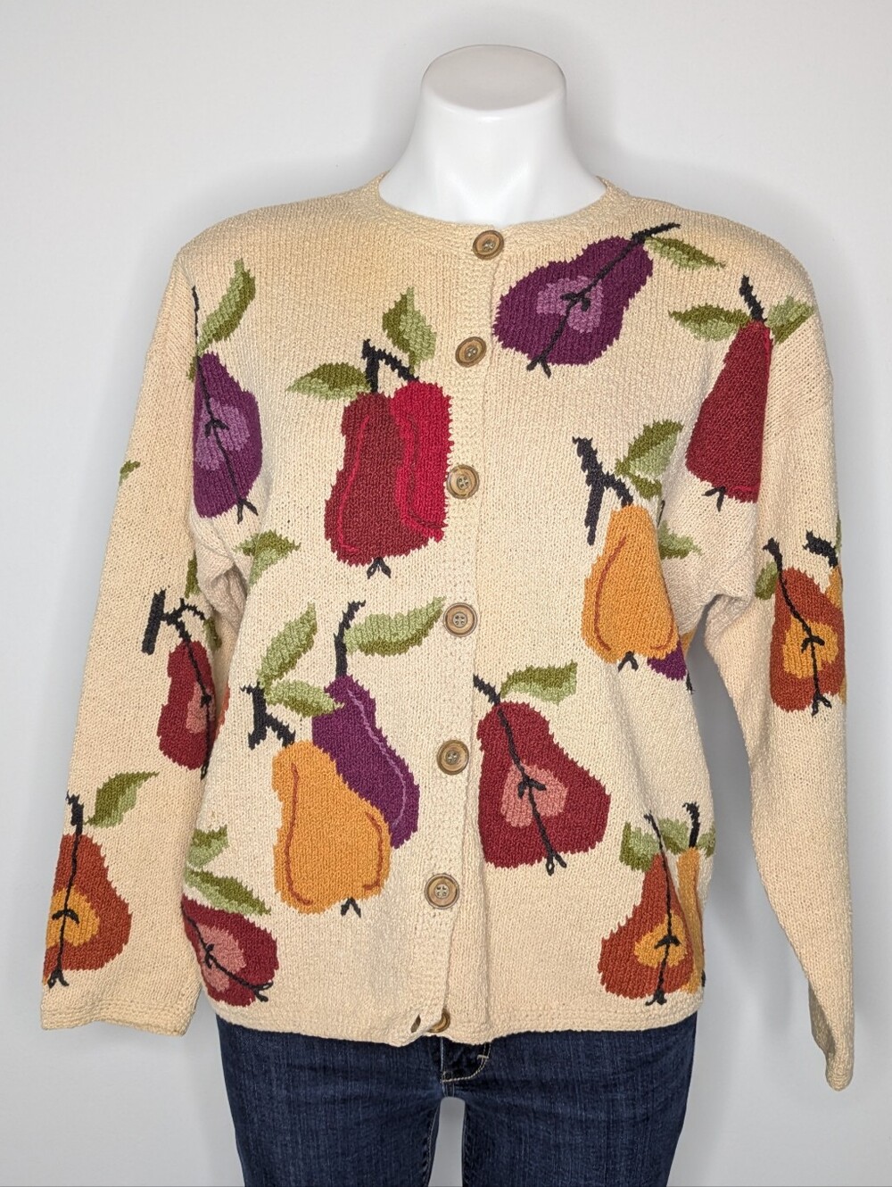 Vintage Talbots Cream Red Purple Fruit Cotton Blend Button Up Cardigan Sweater M